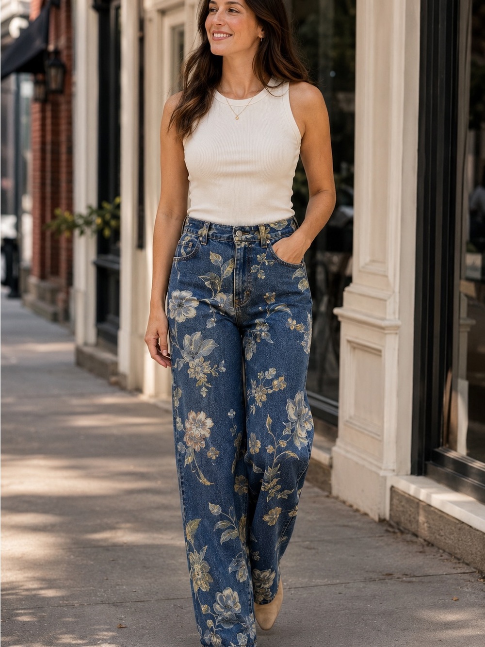 NWT Flamingals Floral Print Wide-Leg Jeans - Blue